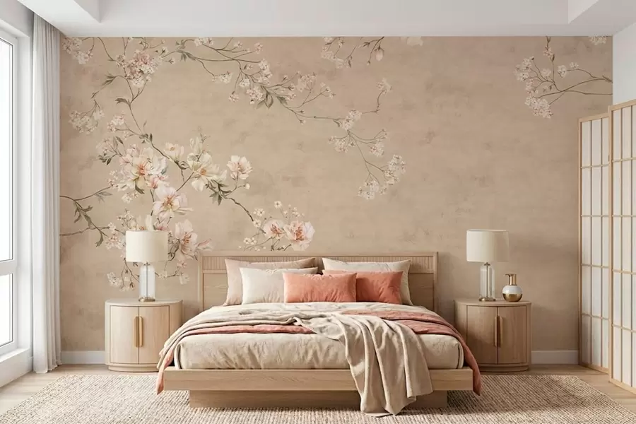 Papier peint Branches florales de style chinoiserie sur fond beige chaud w05427v2
