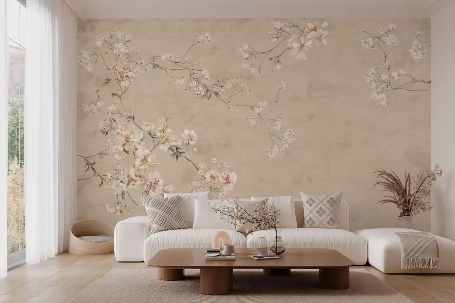 Papier peint Branches florales de style chinoiserie sur fond beige chaud w05427v2