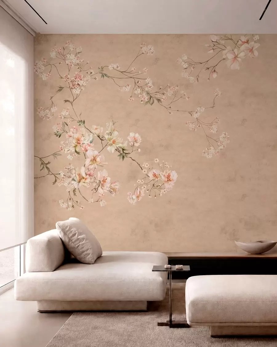 Papier peint Branches florales de style chinoiserie sur fond beige chaud w05427v2
