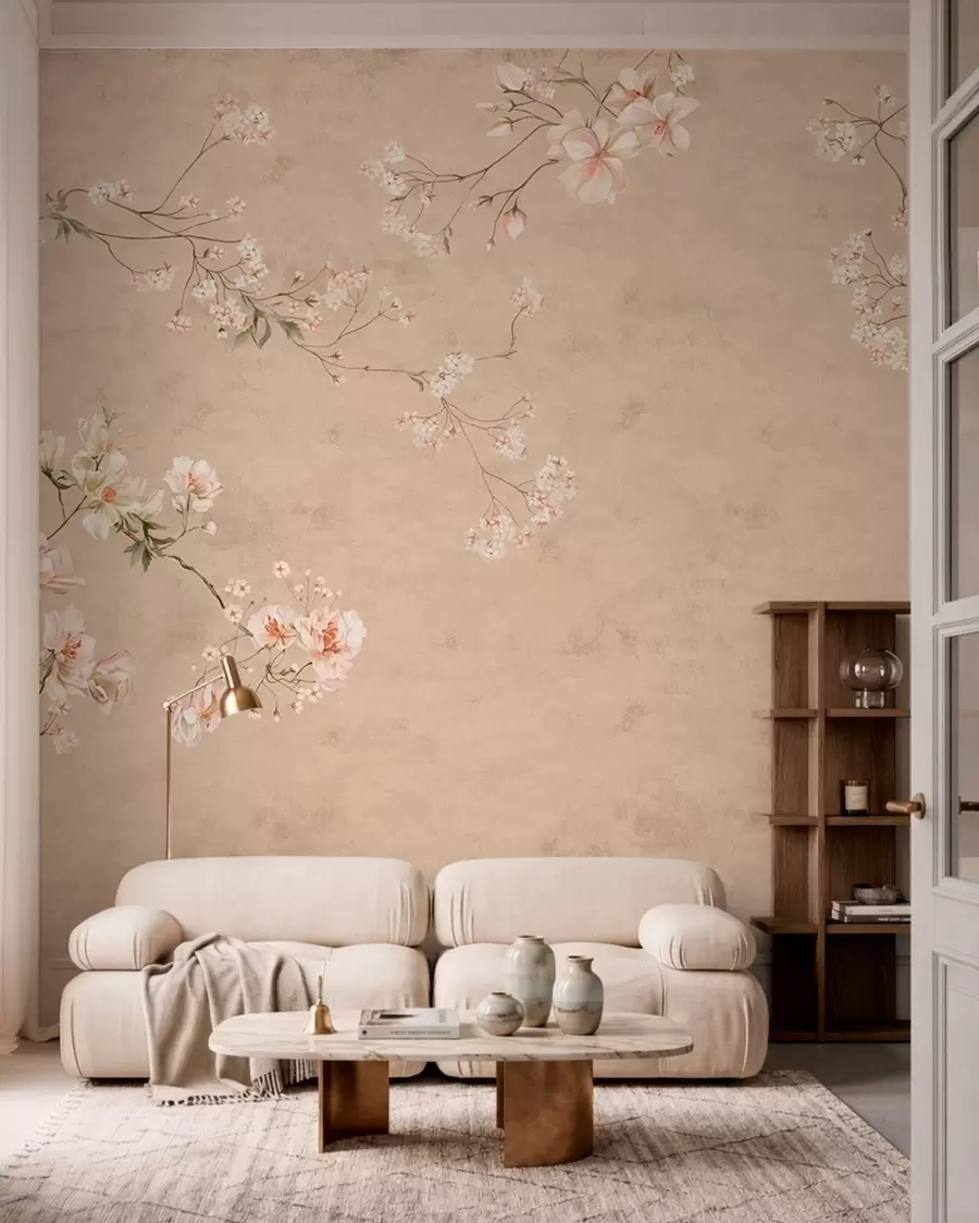 Papier peint Branches florales de style chinoiserie sur fond beige chaud w05427v2