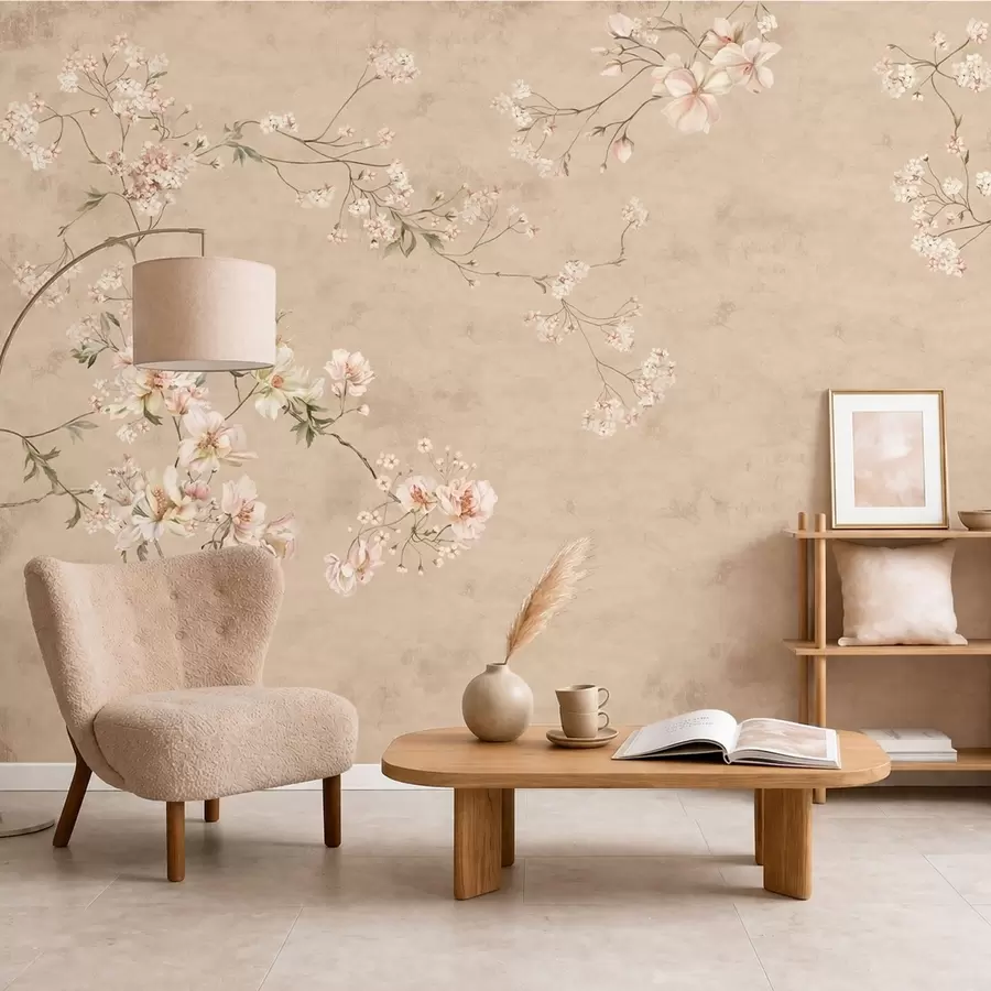 Papier peint Branches florales de style chinoiserie sur fond beige chaud w05427v2