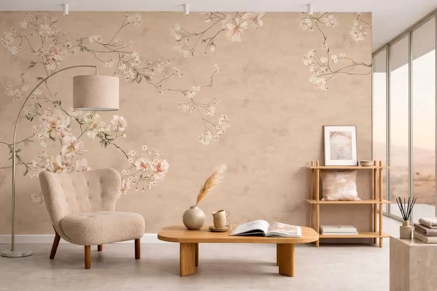 Papier peint Branches florales de style chinoiserie sur fond beige chaud w05427v2