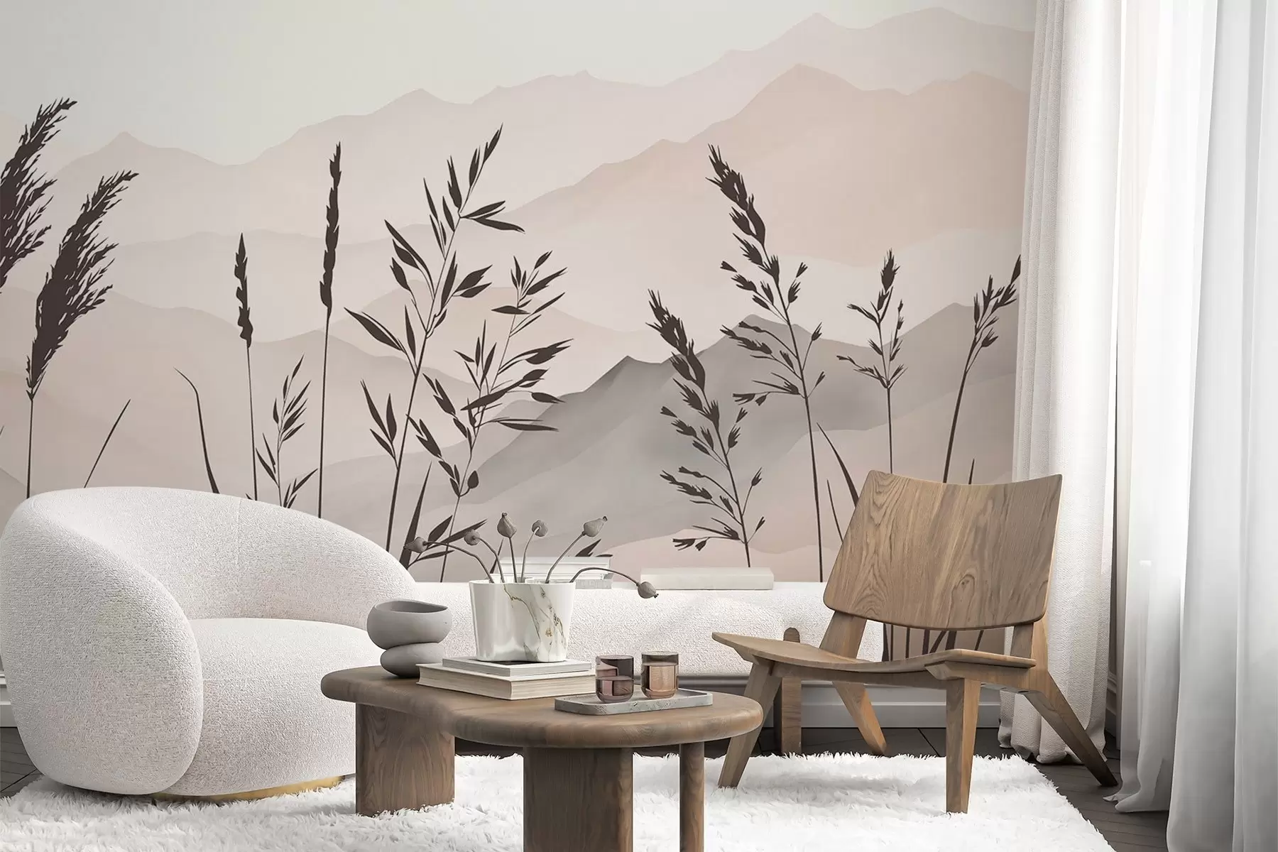Papier peint Les silhouettes de l'herbe sur fond de montagnes w05501