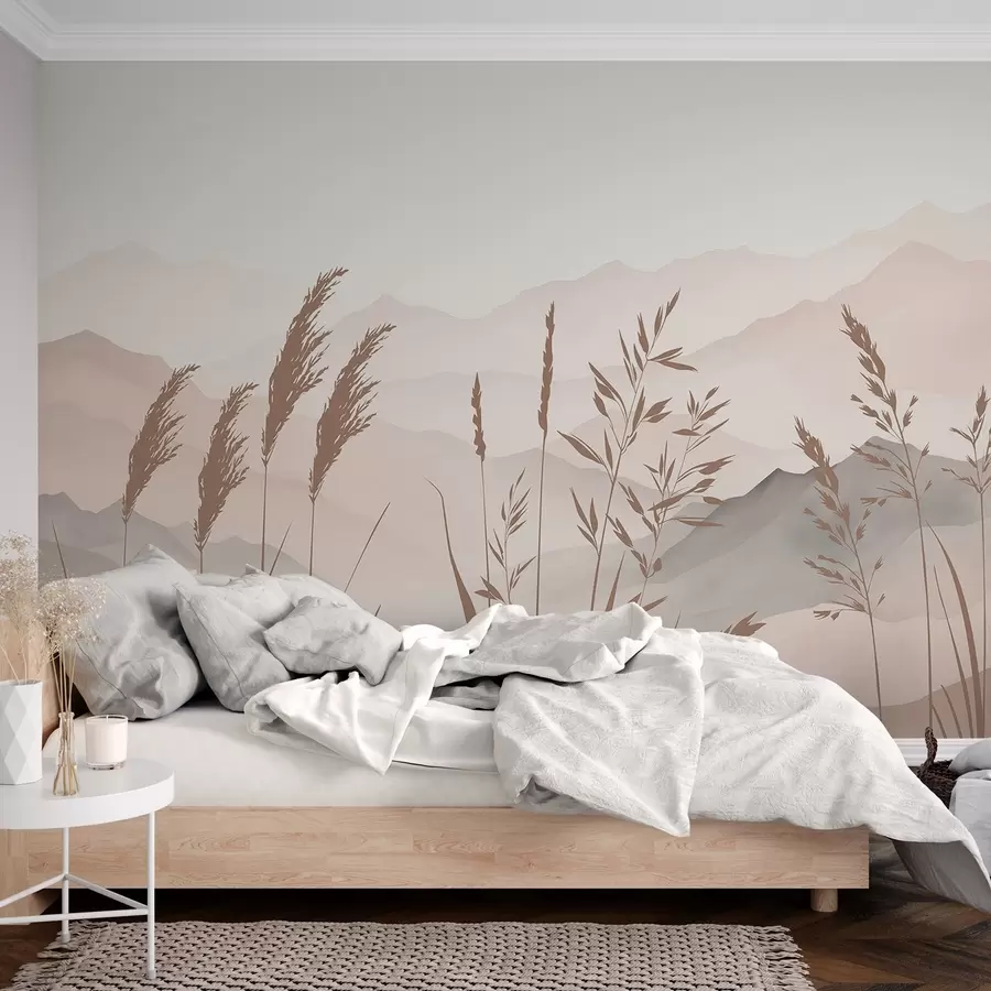 Papier peint Les silhouettes de l'herbe sur fond de montagnes w05501v1