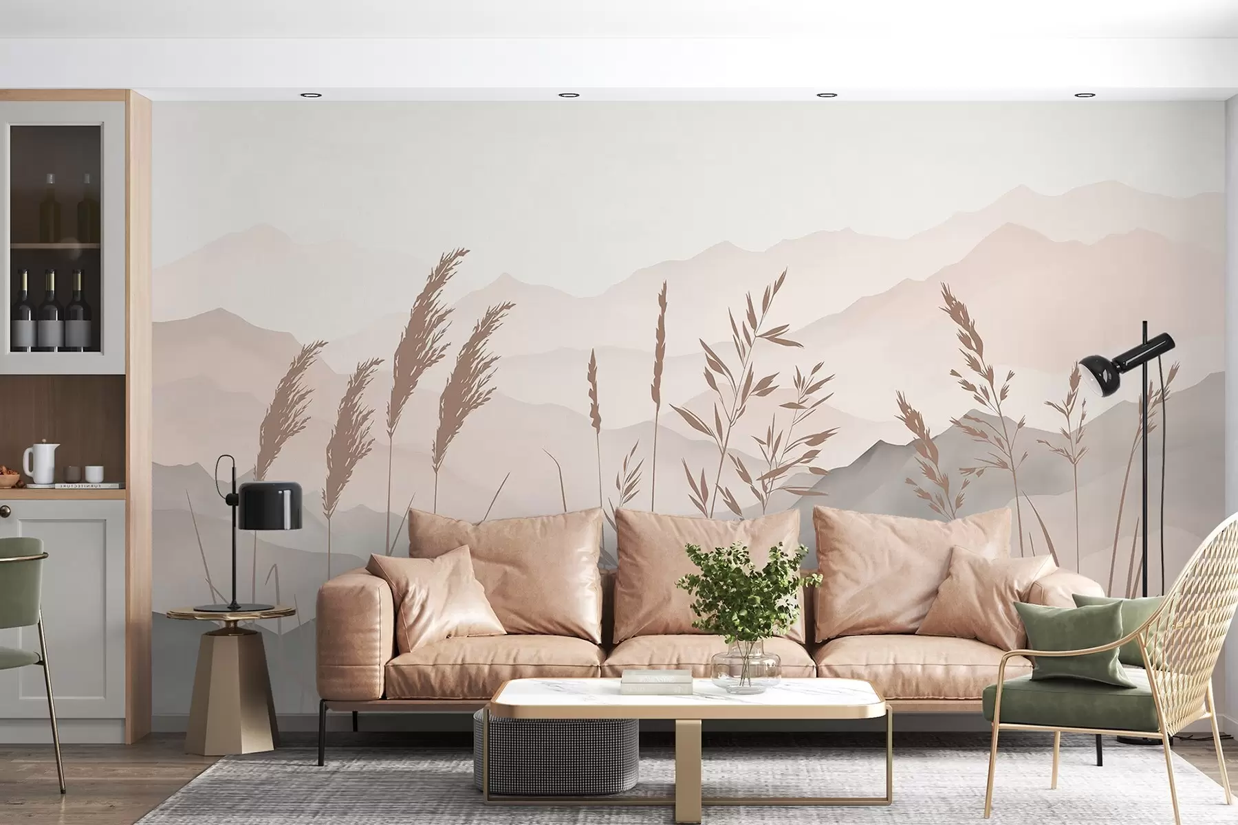 Papier peint Les silhouettes de l'herbe sur fond de montagnes w05501v1