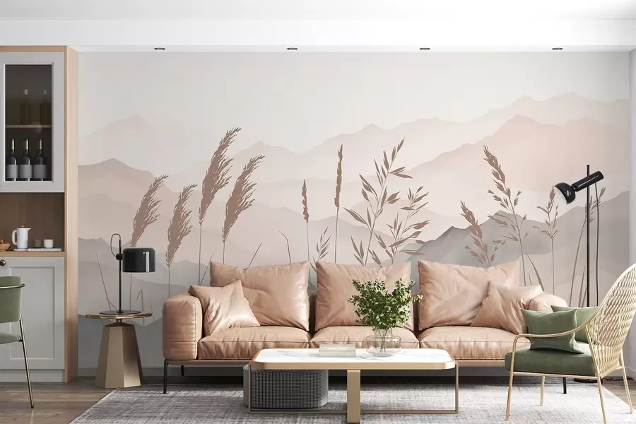 Papier peint Les silhouettes de l'herbe sur fond de montagnes w05501v1
