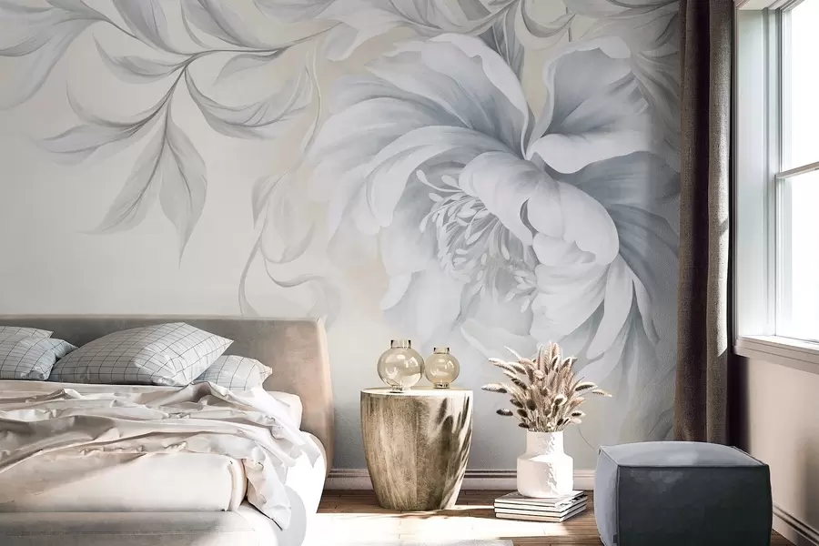 Papier peint Grande pivoine texturée aux pétales délicats et aux feuilles grises, peinte dans un style doux w09647