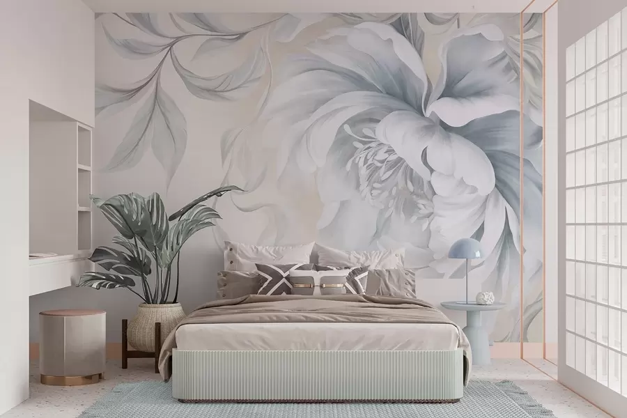 Papier peint Grande pivoine texturée aux pétales délicats et aux feuilles grises, peinte dans un style doux w09647