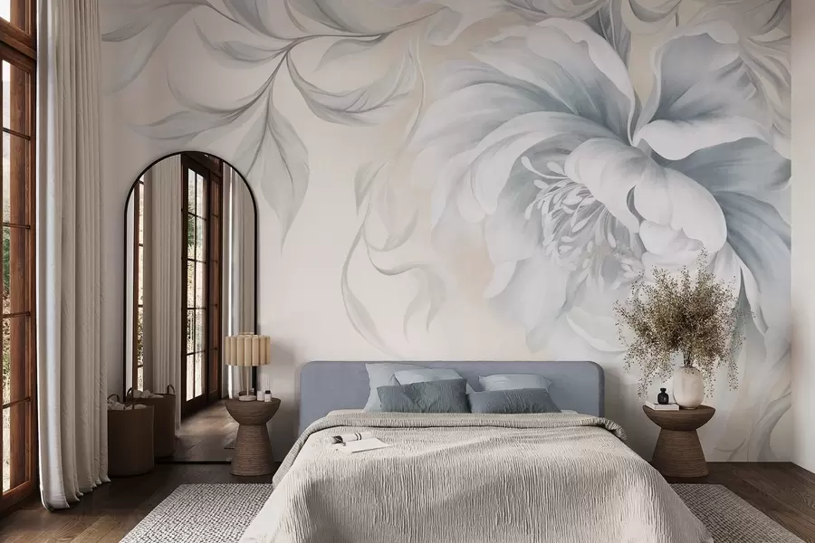 Papier peint Grande pivoine texturée aux pétales délicats et aux feuilles grises, peinte dans un style doux w09647