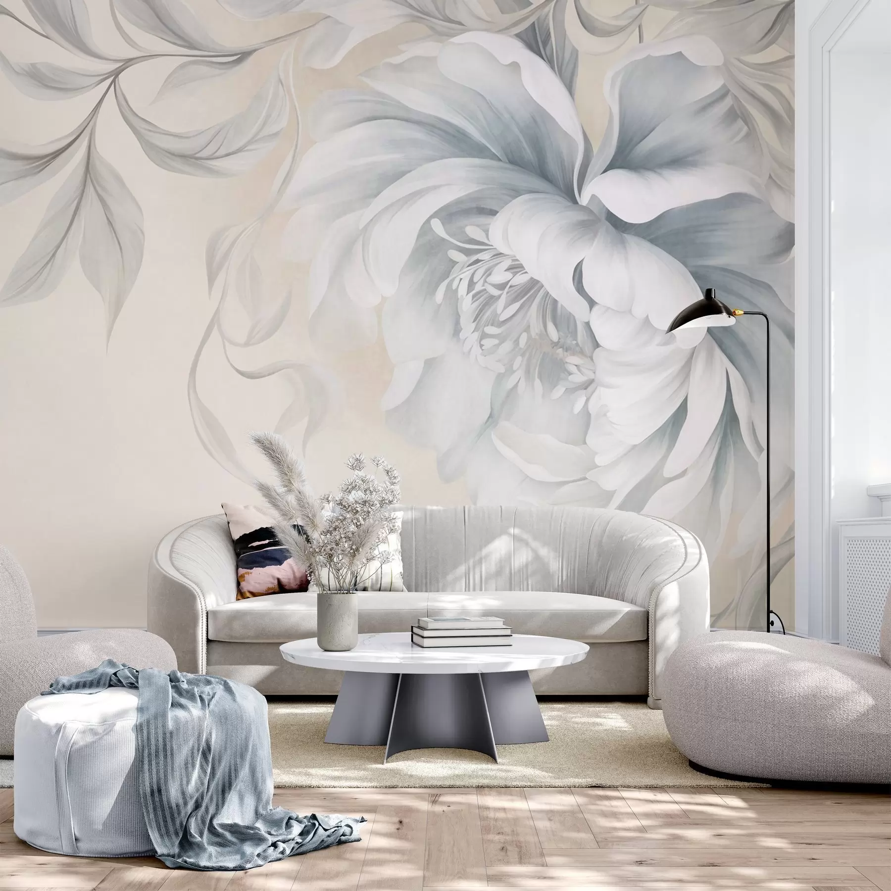 Papier peint Grande pivoine texturée aux pétales délicats et aux feuilles grises, peinte dans un style doux w09647