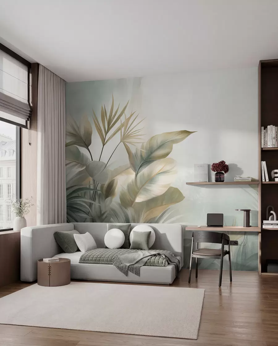 Papier peint De grandes feuilles tropicales texturées dans des tons verts et beiges discrets, un décor de jungle w09820