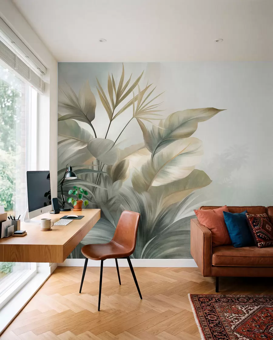 Papier peint De grandes feuilles tropicales texturées dans des tons verts et beiges discrets, un décor de jungle w09820