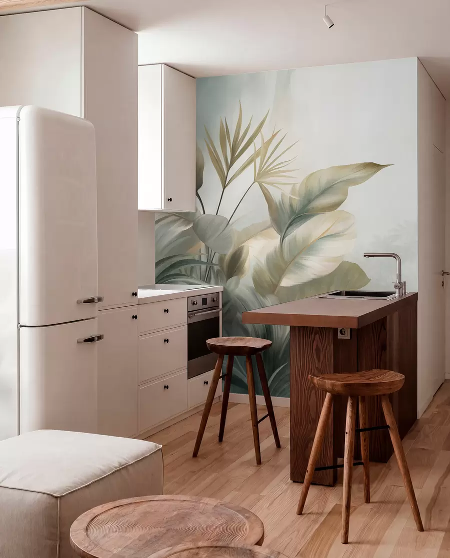 Papier peint De grandes feuilles tropicales texturées dans des tons verts et beiges discrets, un décor de jungle w09820