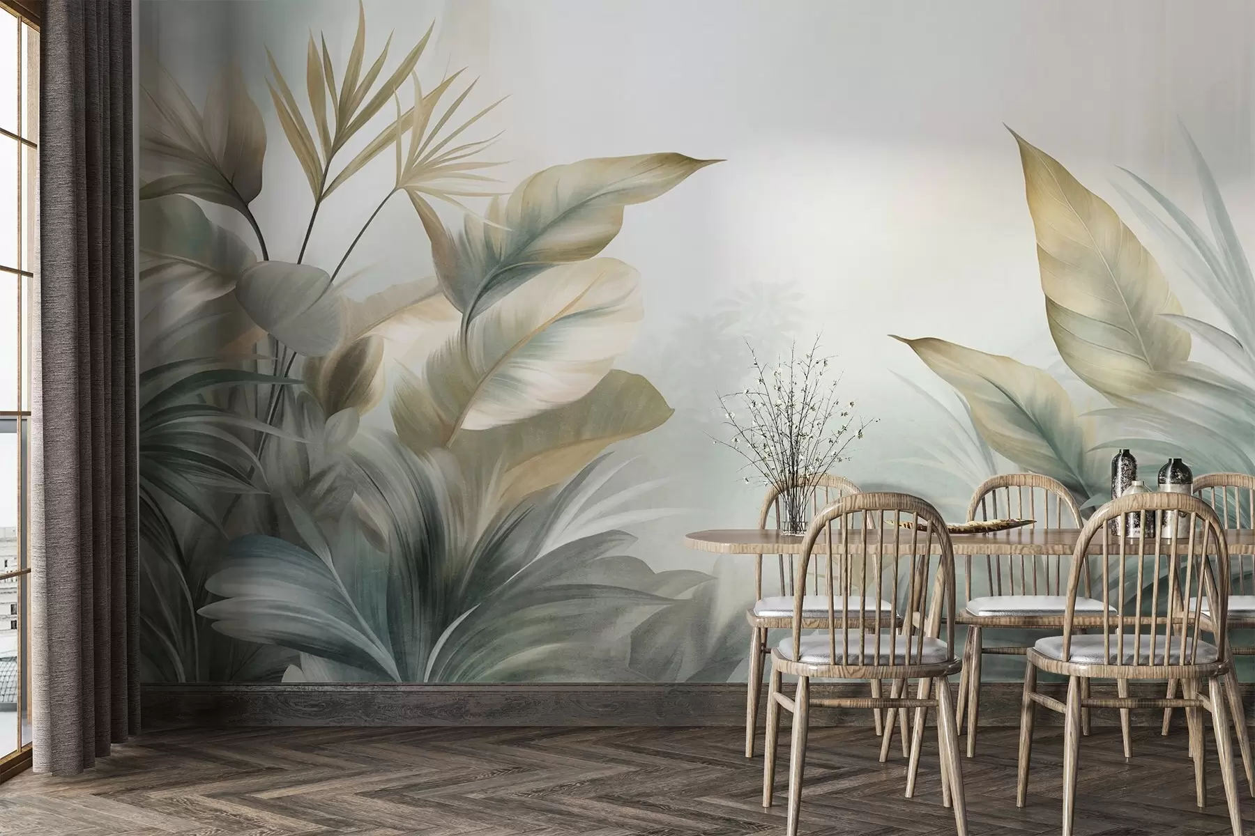 Papier peint De grandes feuilles tropicales texturées dans des tons verts et beiges discrets, un décor de jungle w09820