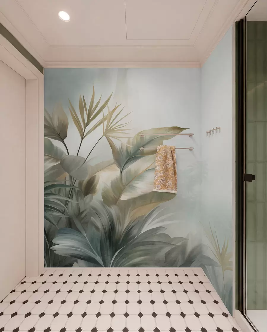 Papier peint De grandes feuilles tropicales texturées dans des tons verts et beiges discrets, un décor de jungle w09820
