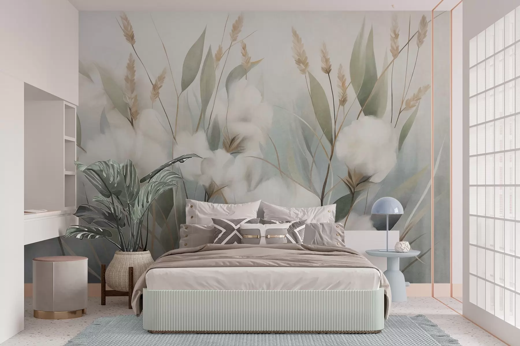 Papier peint Des fleurs blanches séchées et de hautes herbes sur un fond doux et discret, peintes dans un style impressionniste w09823