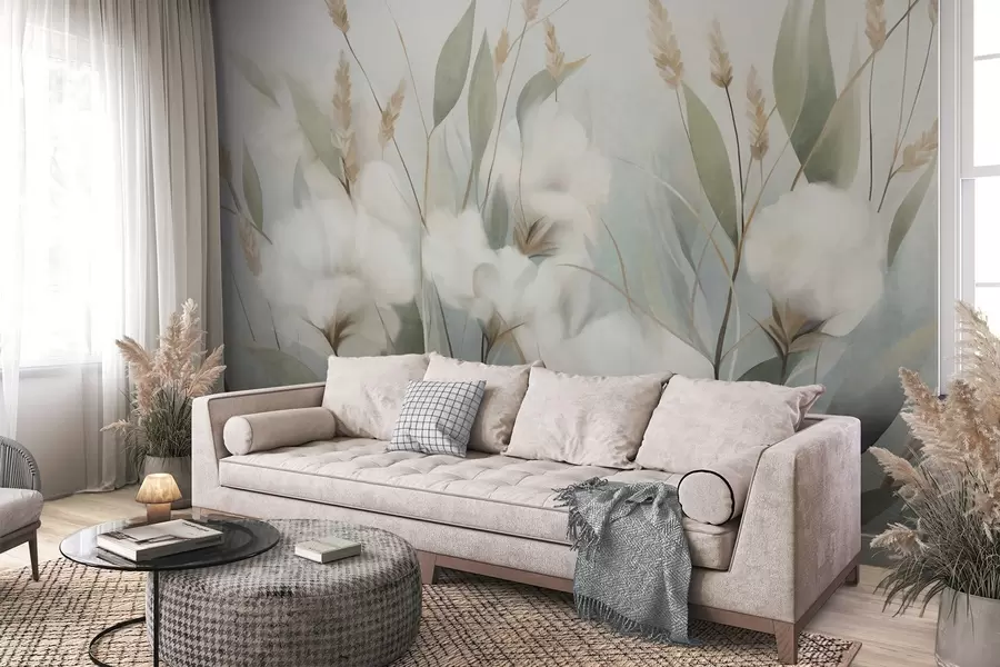 Papier peint Des fleurs blanches séchées et de hautes herbes sur un fond doux et discret, peintes dans un style impressionniste w09823