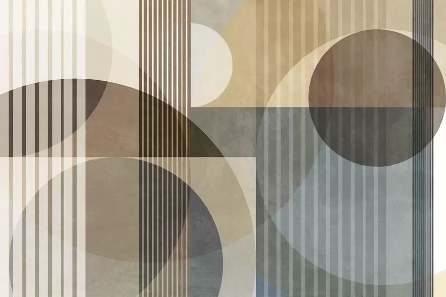 Papier peint Formes géométriques abstraites composées de cercles et de lignes, dans des tons ocres discrets, avec une composition texturée et superposée w09834