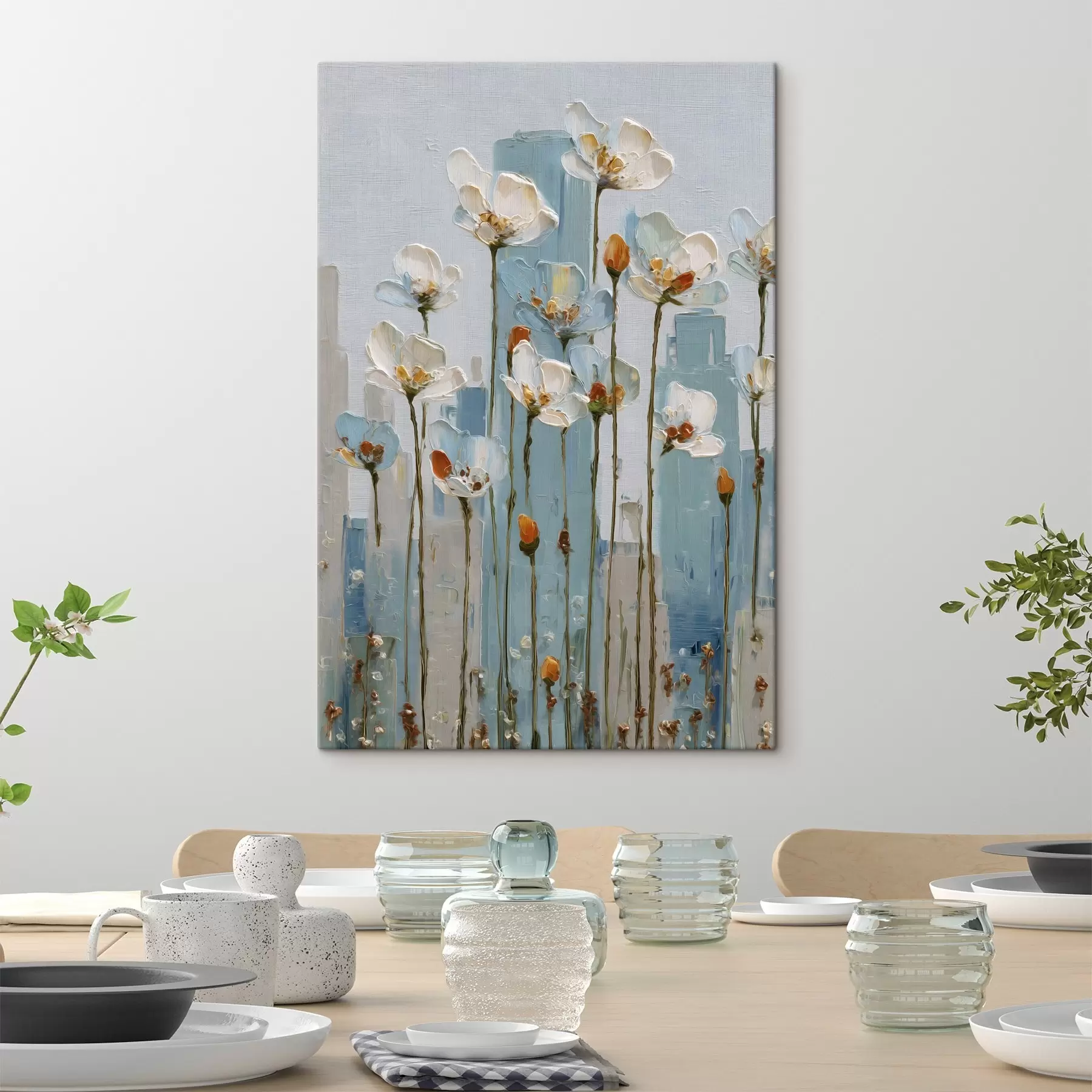 Tableau des fleurs sur fond urbain, dans le style de la peinture à l'huile s48785