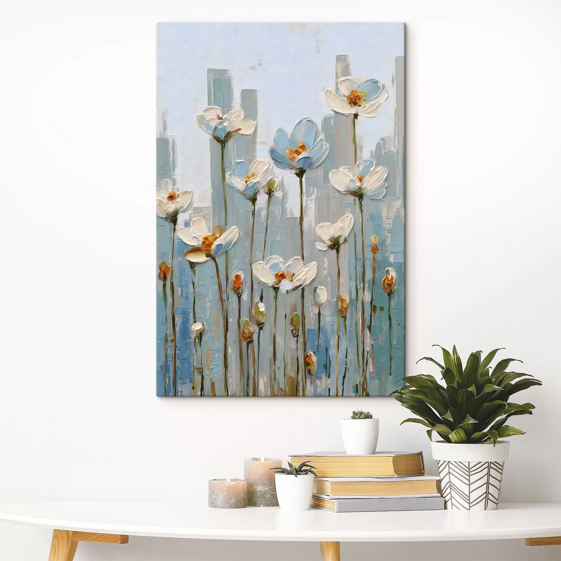 Tableau des fleurs sur fond urbain, dans le style de la peinture à l'huile s48786
