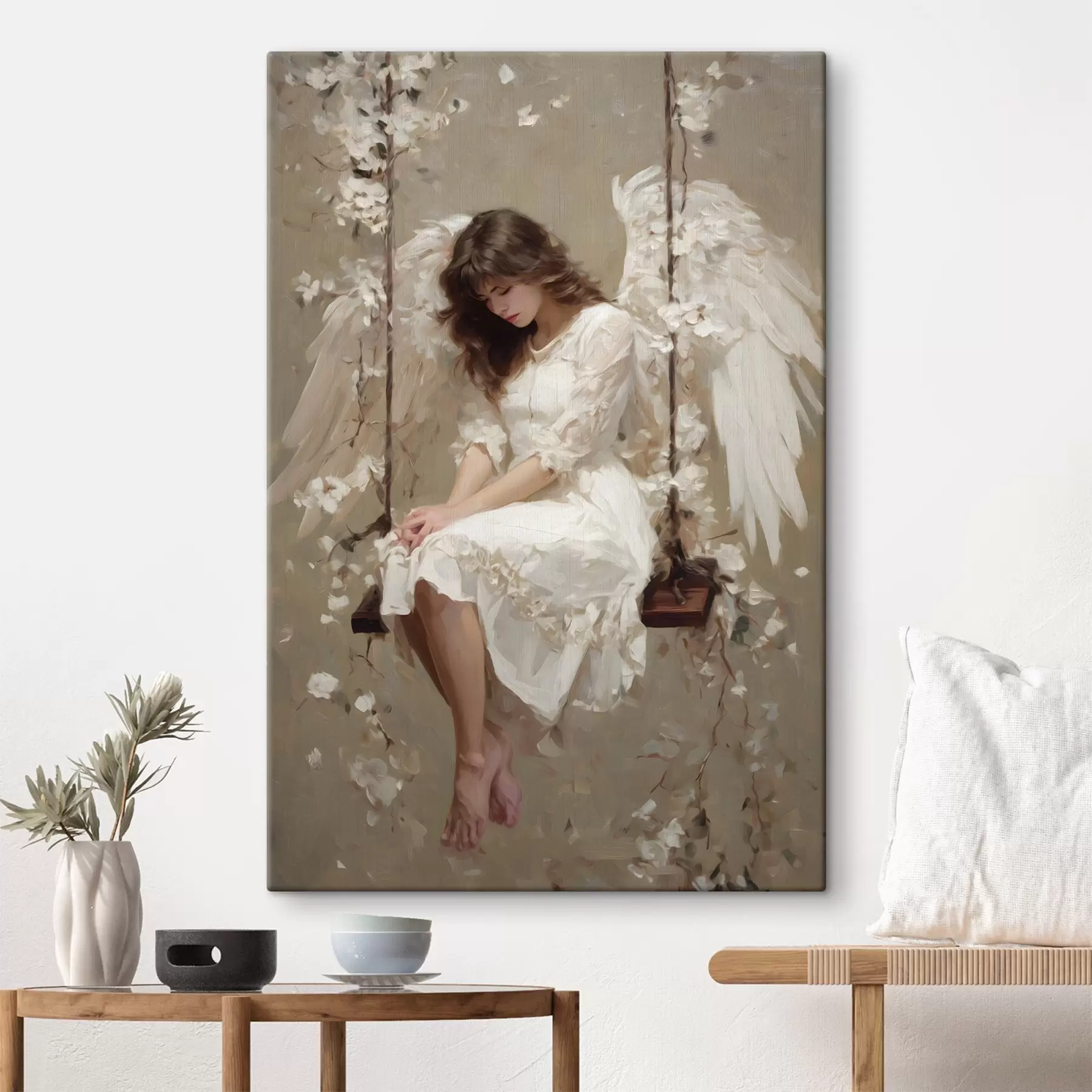 Tableau une petite fille angélique sur une balançoire, peinte dans un style à l'huile s48789