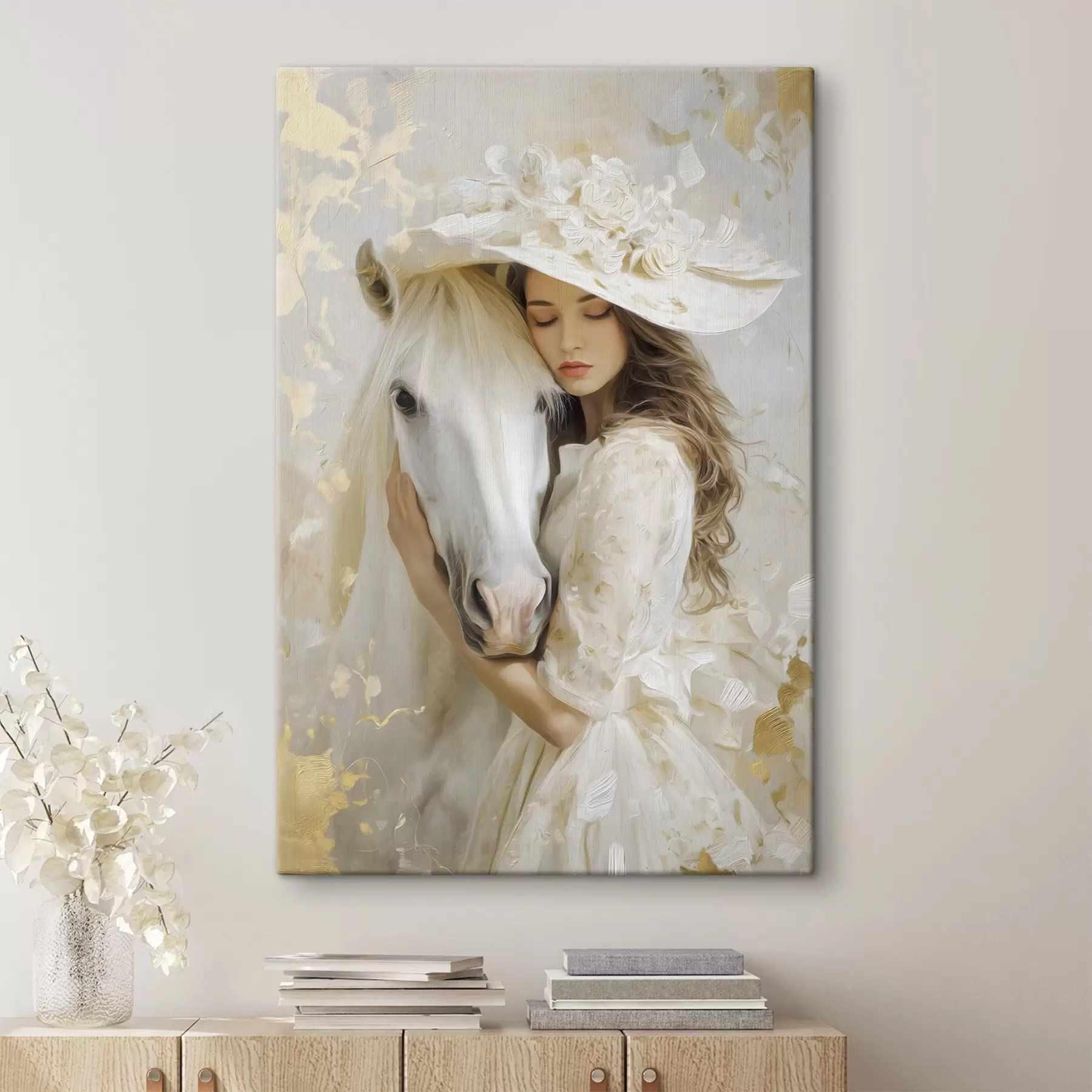Tableau une jeune fille avec un cheval blanc, peinte dans un style à l'huile s48790