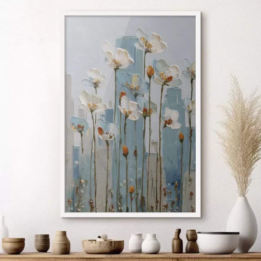 Papier peint des fleurs sur fond urbain, dans le style de la peinture à l'huile f48785