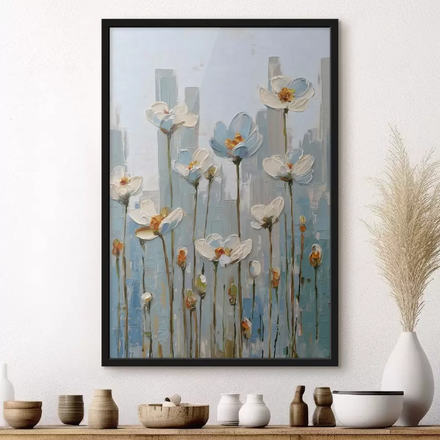 Papier peint des fleurs sur fond urbain, dans le style de la peinture à l'huile f48786