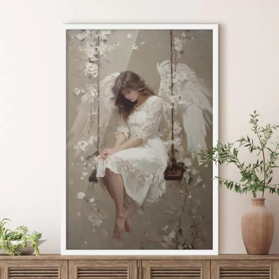 Papier peint une petite fille angélique sur une balançoire, peinte dans un style à l'huile f48789