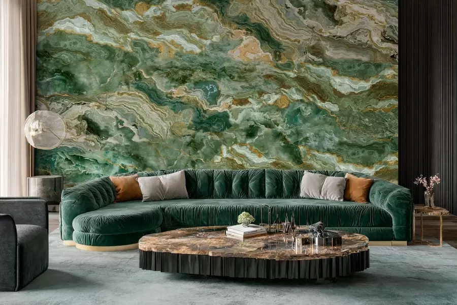 Papier peint Texture d'onyx vert avec des veines fluides en couches w05429