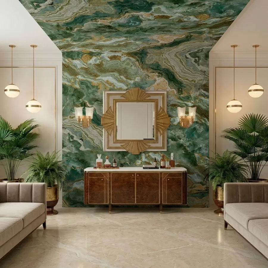 Papier peint Texture d'onyx vert avec des veines fluides en couches w05429