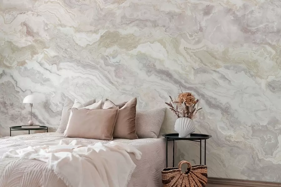 Papier peint Onyx clair aux veines fluides beiges et grises w05430