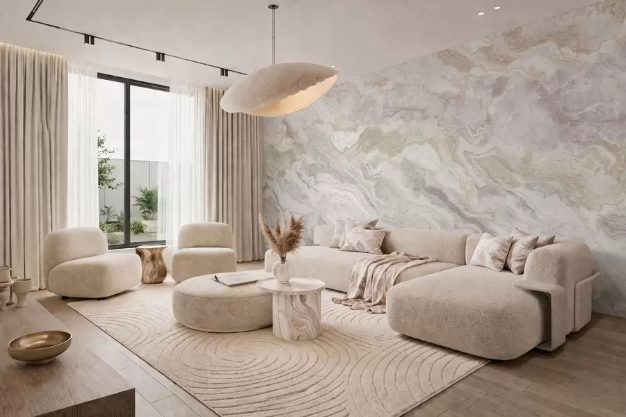 Papier peint Onyx clair aux veines fluides beiges et grises w05430