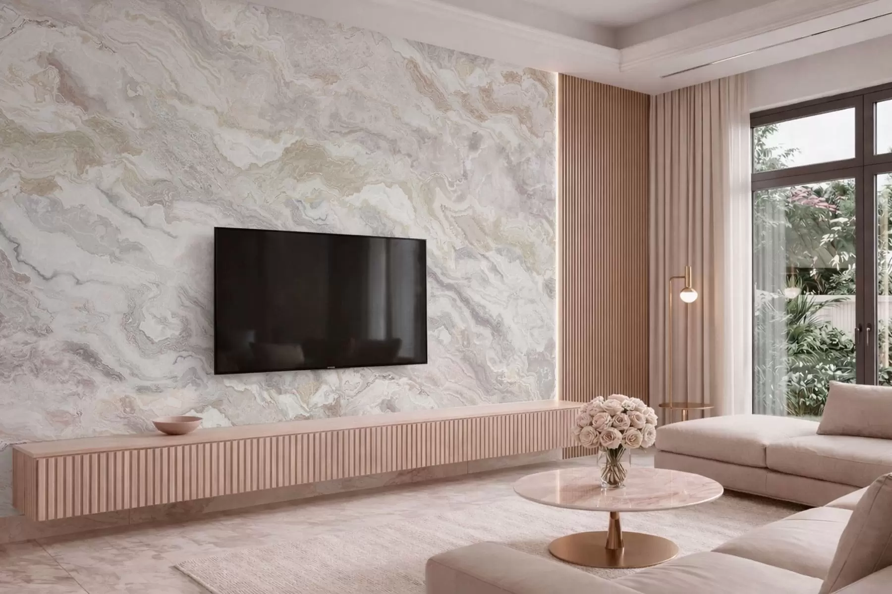 Papier peint Onyx clair aux veines fluides beiges et grises w05430