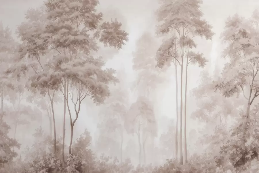 Papier peint Paysage forestier abstrait dans des tons beige fumé, créant une impression de profondeur w09657