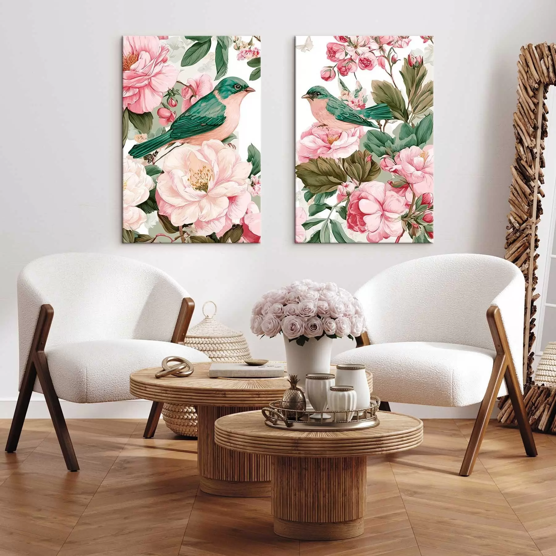 Tableau Des oiseaux sur des fleurs rose pâle m30386