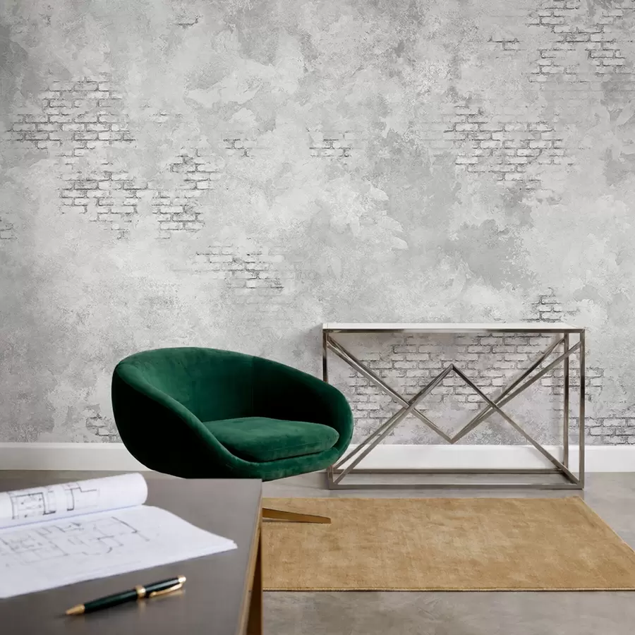 Papier peint Enduit gris grunge avec des parties en briques apparentes w05161v2