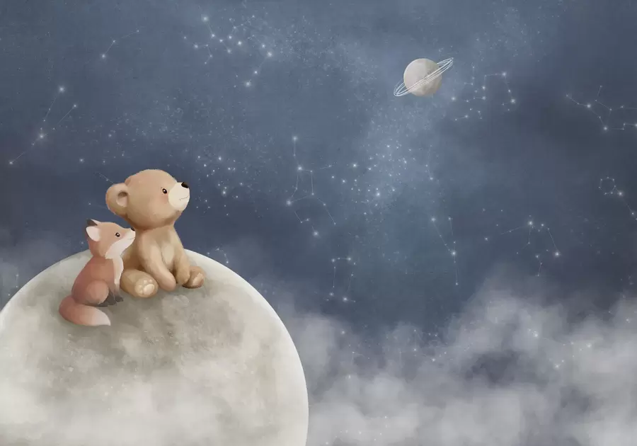 Papier peint Illustration au pastel représentant un ours et un renard sous le ciel nocturne w05431