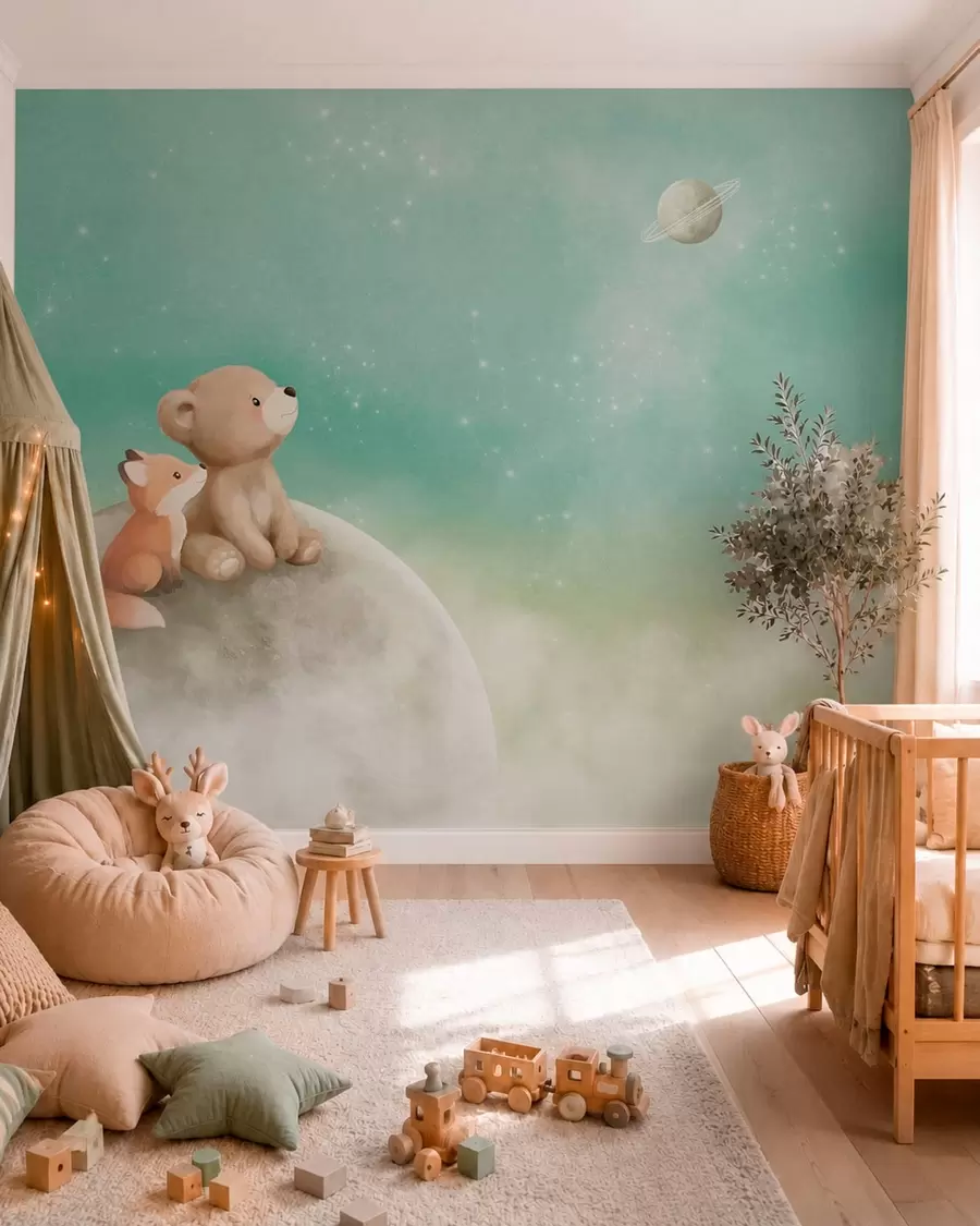 Papier peint Illustration au pastel représentant un ours et un renard sous un ciel vert w05431v1