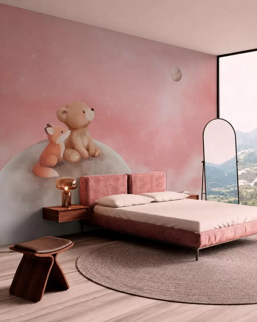 Papier peint Illustration au pastel représentant un ours et un renard sur fond de ciel rose et de lune w05431v2