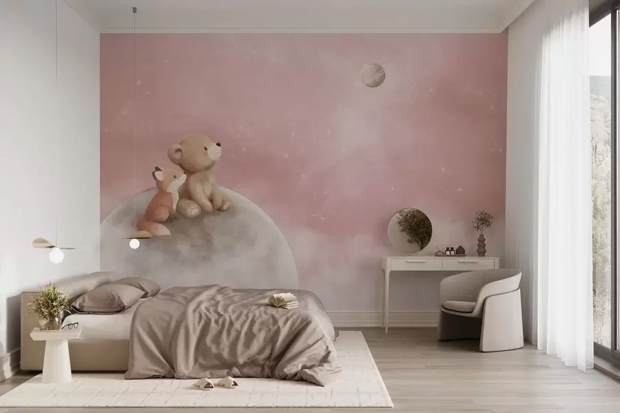 Papier peint Illustration au pastel représentant un ours et un renard sur fond de ciel rose et de lune w05431v2