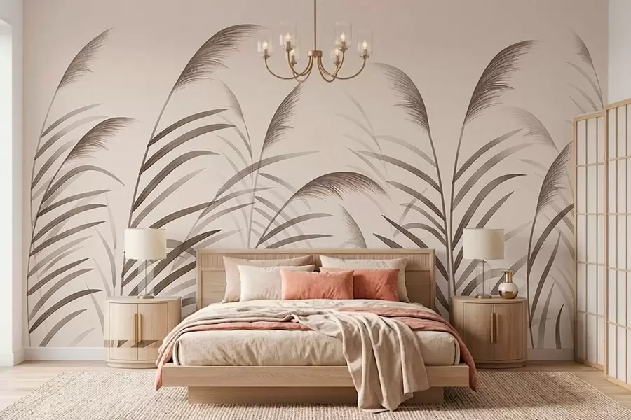 Papier peint Silhouettes minimalistes en roseau dans des tons beiges w05432