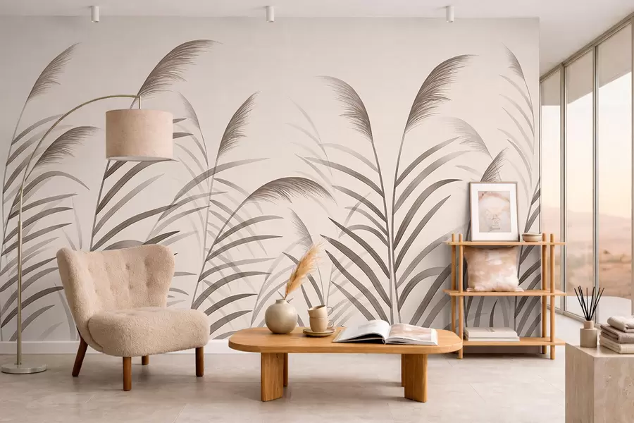 Papier peint Silhouettes minimalistes en roseau dans des tons beiges w05432