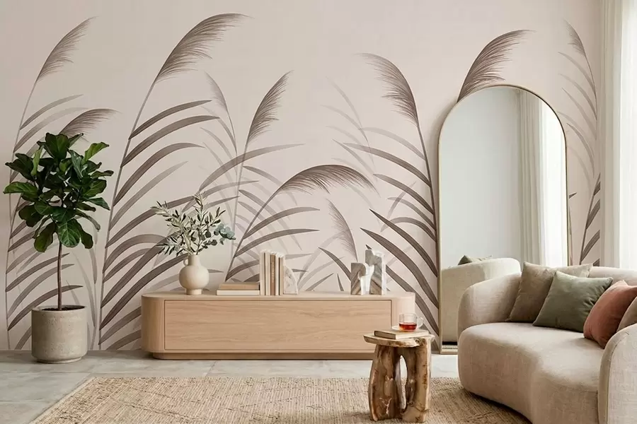 Papier peint Silhouettes minimalistes en roseau dans des tons beiges w05432