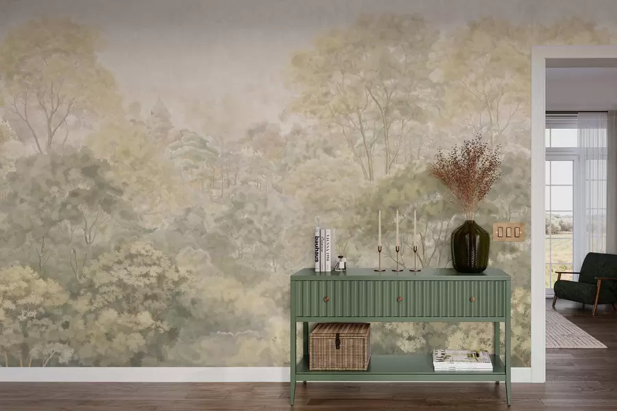 Papier peint Paysage forestier vintage aux tons verts discrets w05433