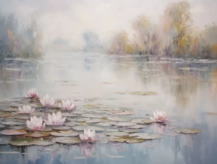 Papier peint Lac impressionniste avec des nénuphars et une lumière douce w05515