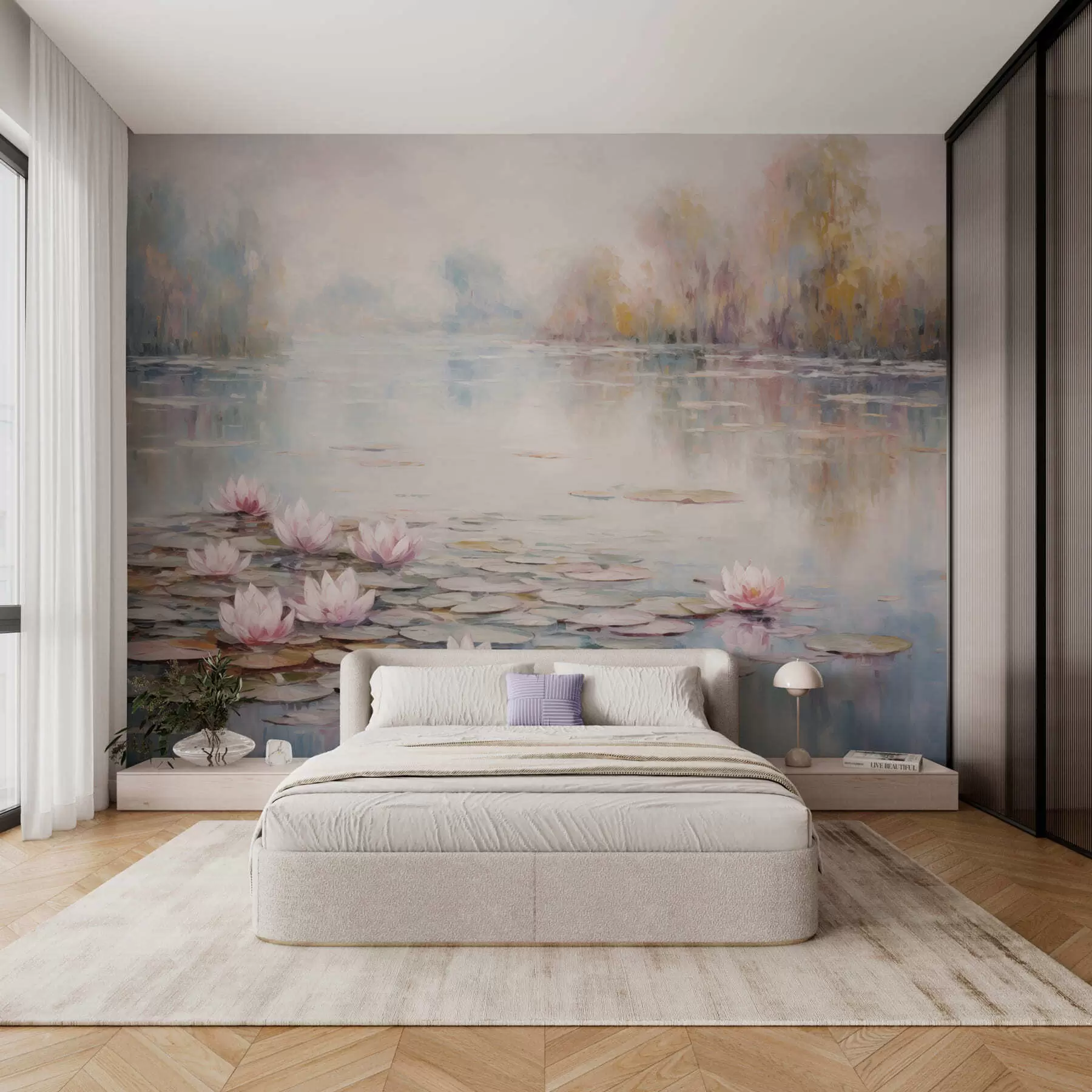 Papier peint Lac impressionniste avec des nénuphars et une lumière douce w05515