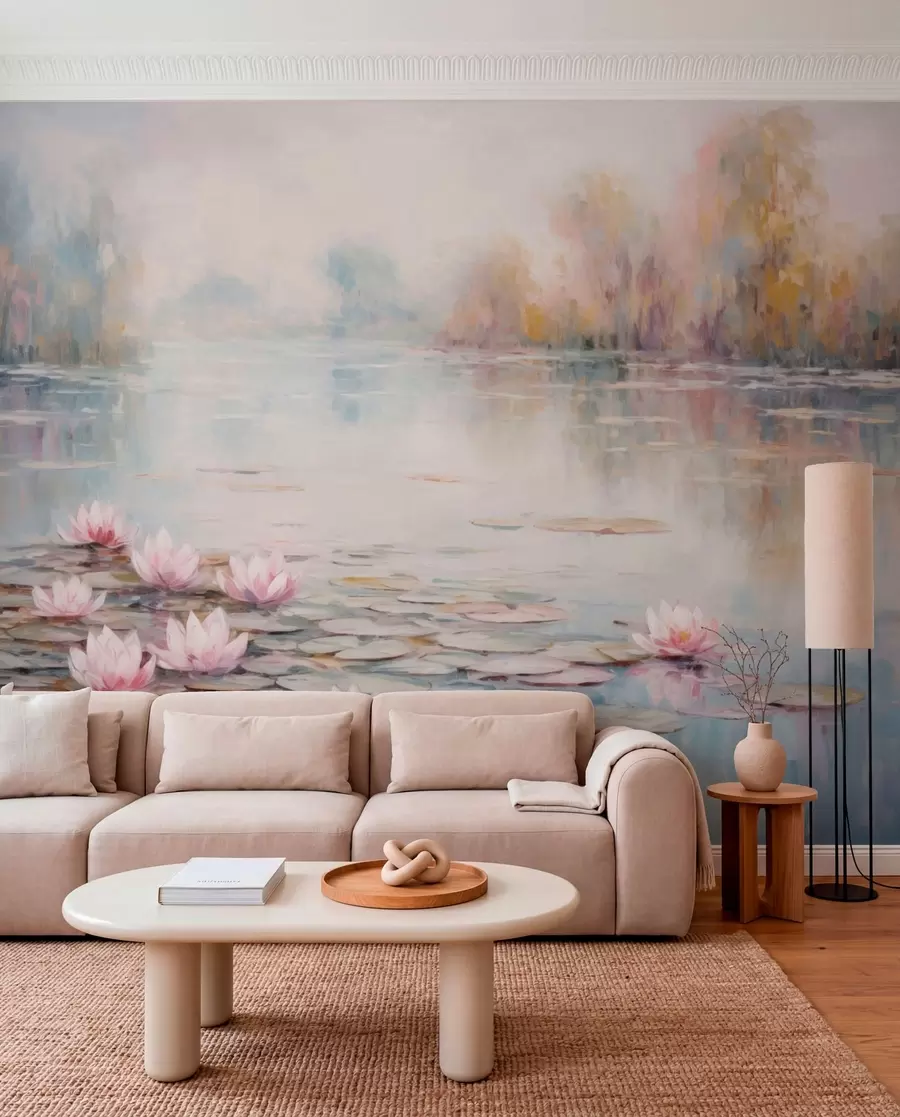 Papier peint Lac impressionniste avec des nénuphars et une lumière douce w05515