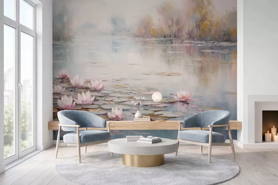 Papier peint Lac impressionniste avec des nénuphars et une lumière douce w05515