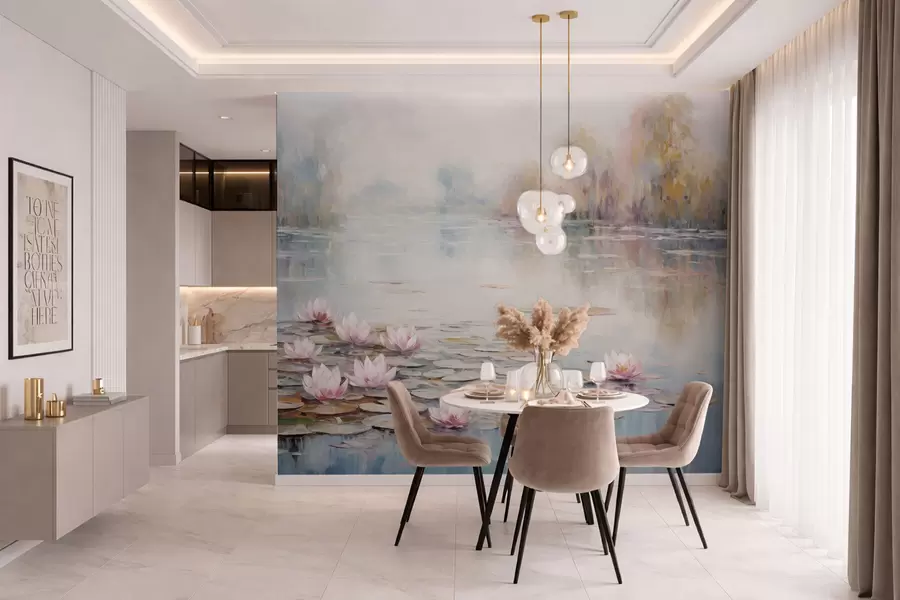 Papier peint Lac impressionniste avec des nénuphars et une lumière douce w05515